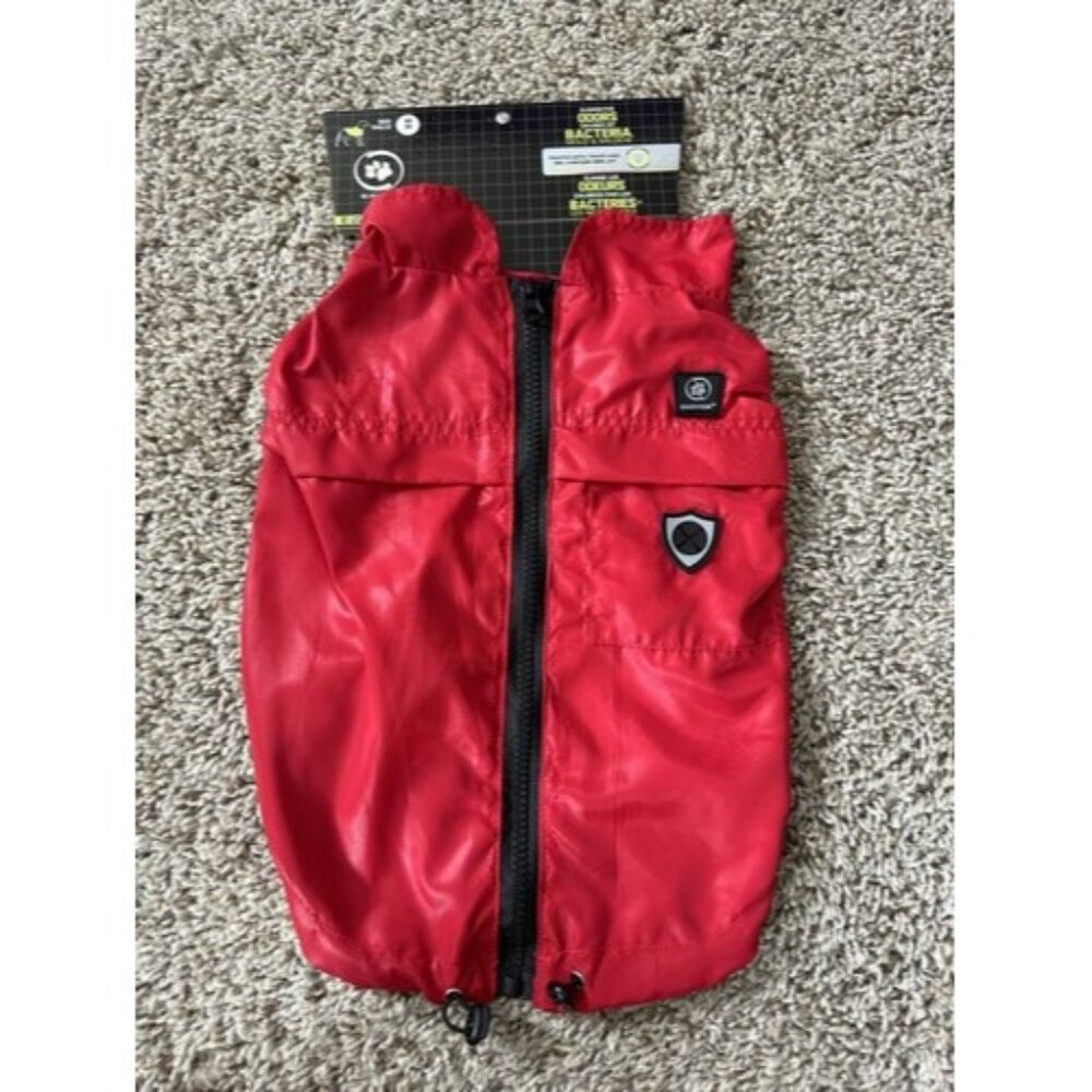 silver paw dog Red Rain Coat Size Medium Full Zip Bungee Cord Eliminate Mold